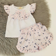 Pink Floral Striped Ruffle Shorts Set