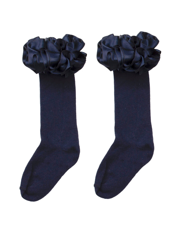 Navy Ruffle Ribbon Knee High Socks