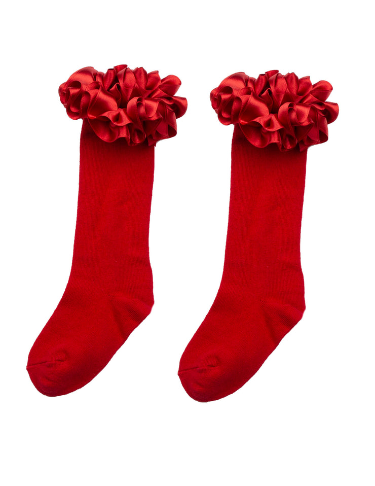 Red Ruffle Ribbon Knee High Socks