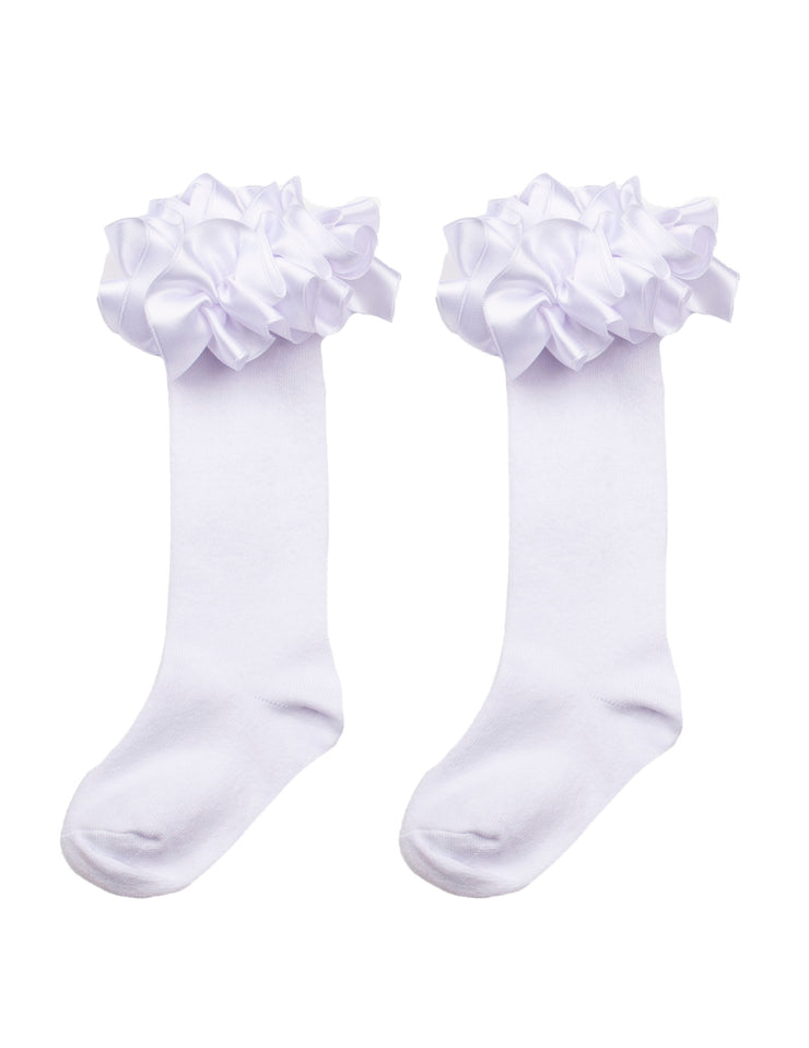 White Ruffle Ribbon Knee High Socks