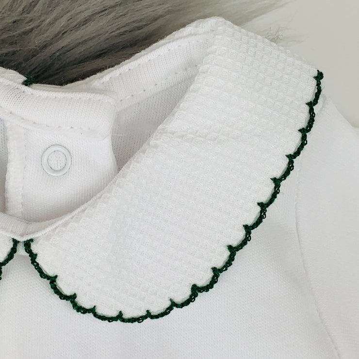 Peter Pan Collar Long Sleeve White Body Vest Green Trim Close