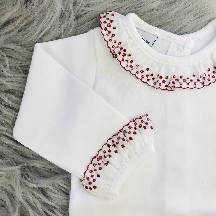 Frilly Collar Long Sleeve White Body Vest Burgundy Trim Close