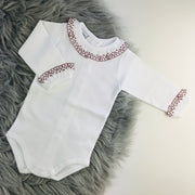 Frilly Collar Long Sleeve White Body Vest Burgundy Trim