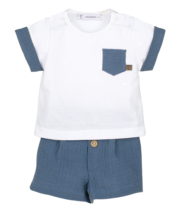 White Top & Petrol Blue Cheesecloth Shorts