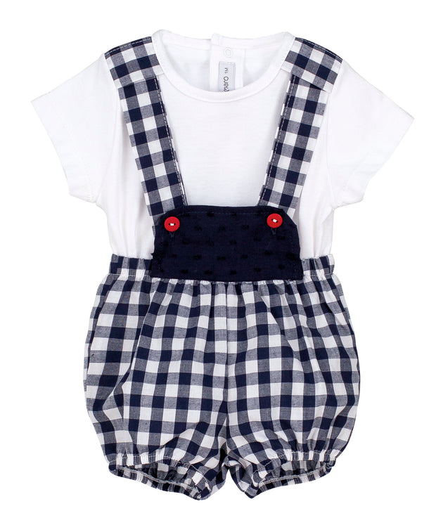 White Top & Navy Gingham Dungaree Romper Set