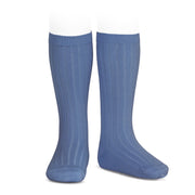 French Blue Wide Ribbed Knee High Spanish Socks