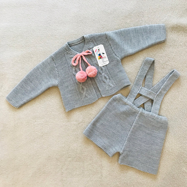 Grey & Dusky Pink Knitted H-Bar Pom Pom Set