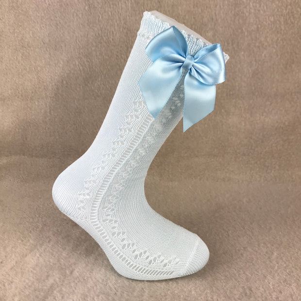 Baby Blue Knee High Open Weave Spanish Bow Socks