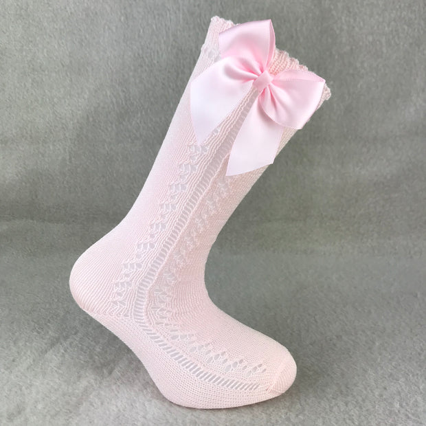 Baby Pink Knee High Open Weave Spanish Bow Socks