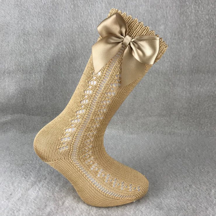 Camel Knee High Open Weave Spanish Bow Socks