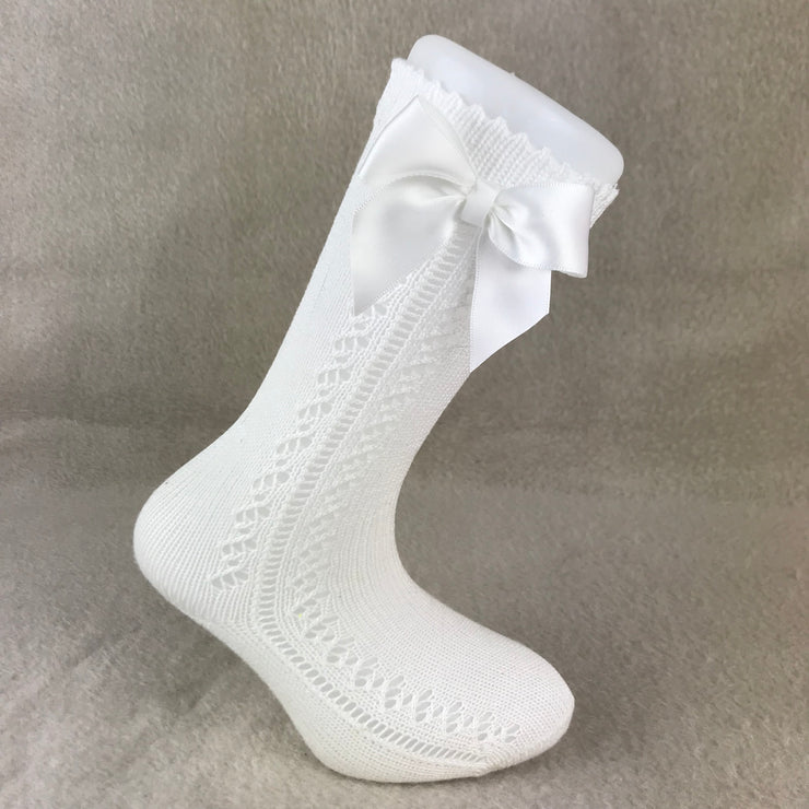 White Knee High Open Weave Spanish Bow Socks