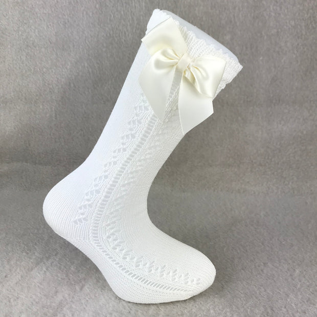 Ivory Knee High Open Weave Spanish Bow Socks