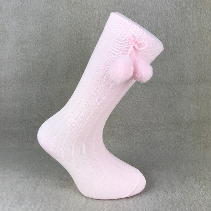 Pink Knee High Ribbed Pom Pom Spanish Socks