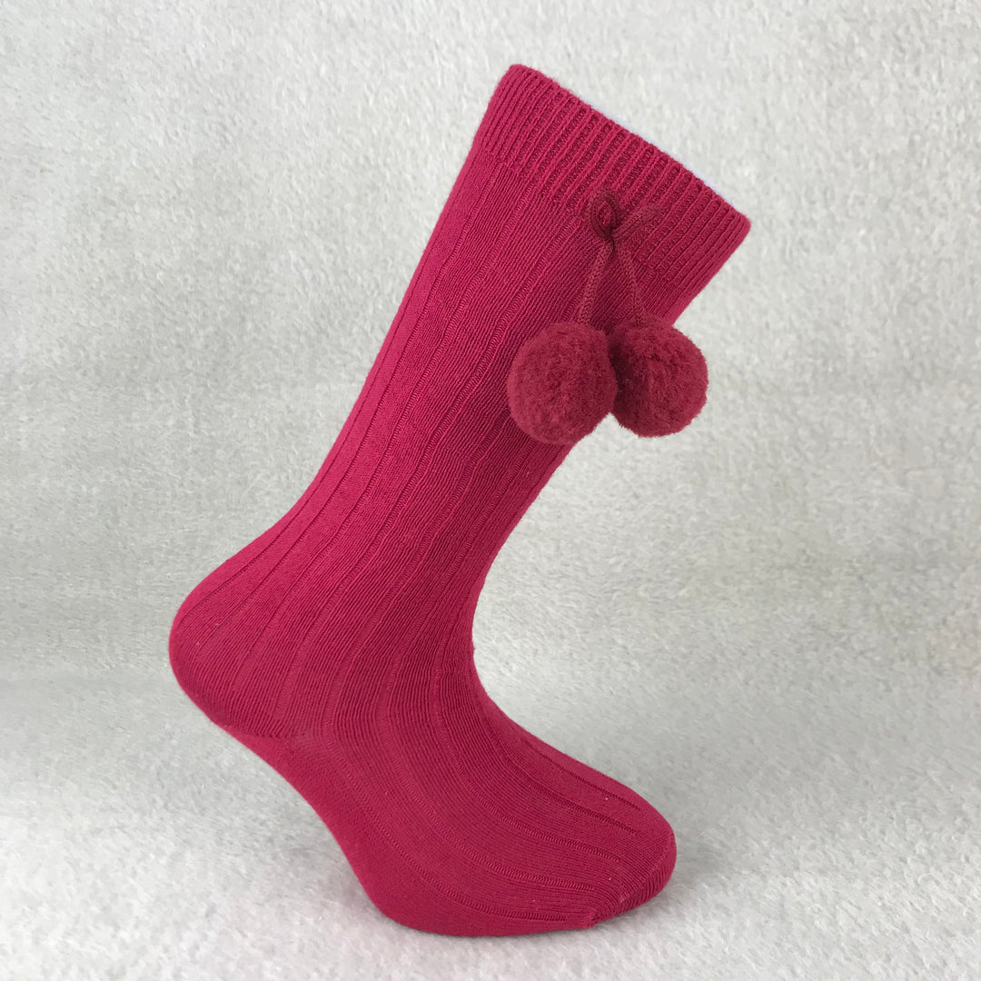 Burgundy Knee High Ribbed Pom Pom Spanish Socks