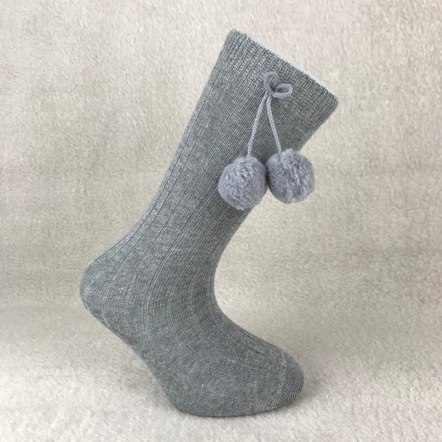 Grey Knee High Ribbed Pom Pom Spanish Socks