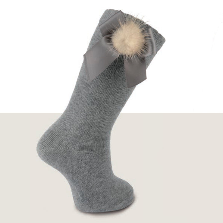 Grey Knee High Fur Pom Pom & Side Bow Spanish Socks