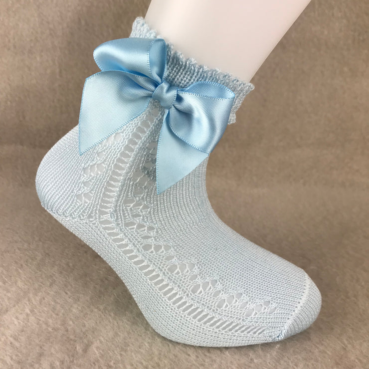 Baby Blue Ankle High Open Weave Spanish Bow Socks