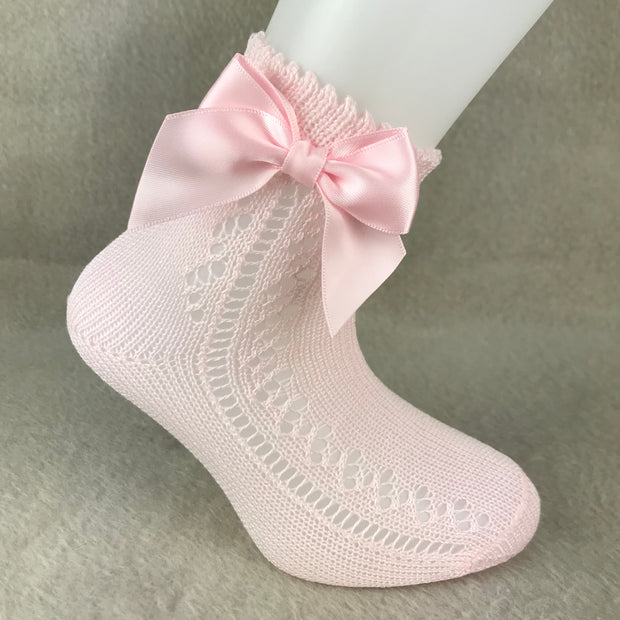 Baby Pink Ankle High Open Weave Spanish Bow Socks
