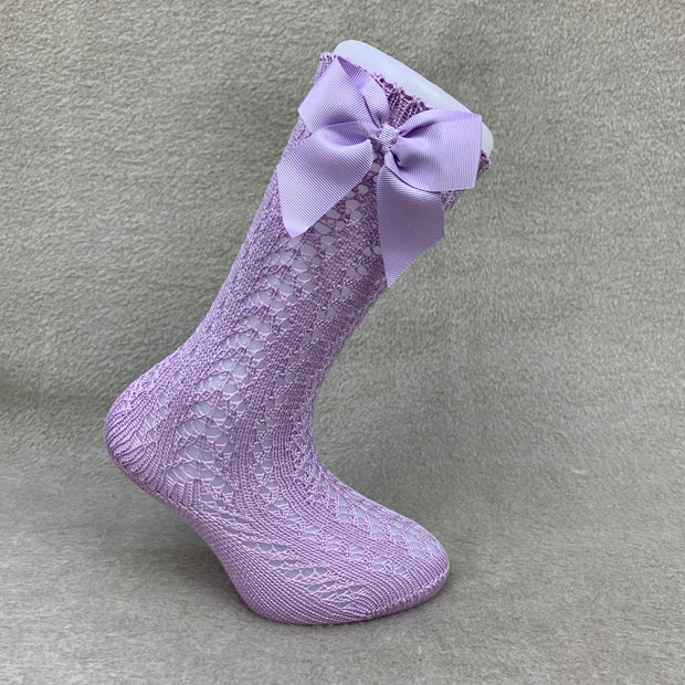 Mauve Knee High Open Weave Spanish Bow Socks