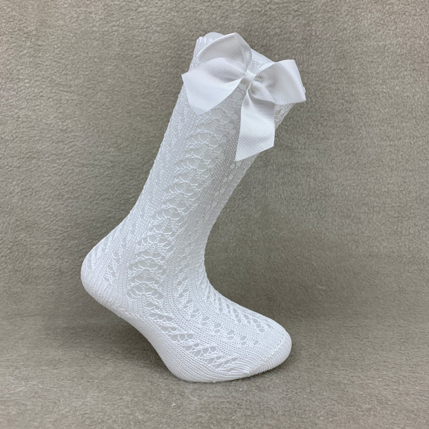 White Knee High Open Weave Spanish Bow Socks