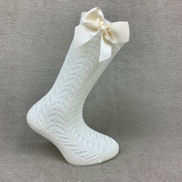 Ivory Knee High Open Weave Spanish Bow Socks