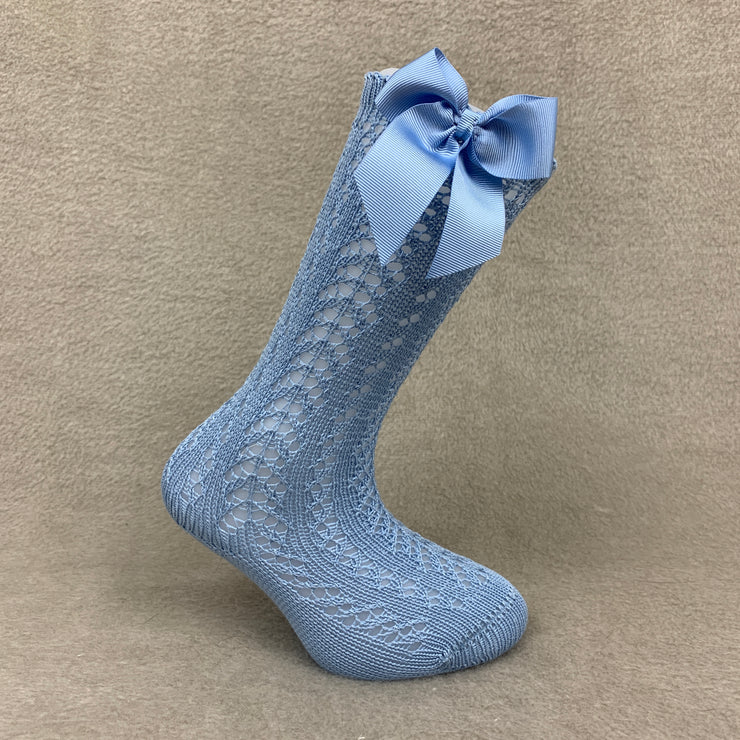 Sea Blue Knee High Open Weave Spanish Bow Socks