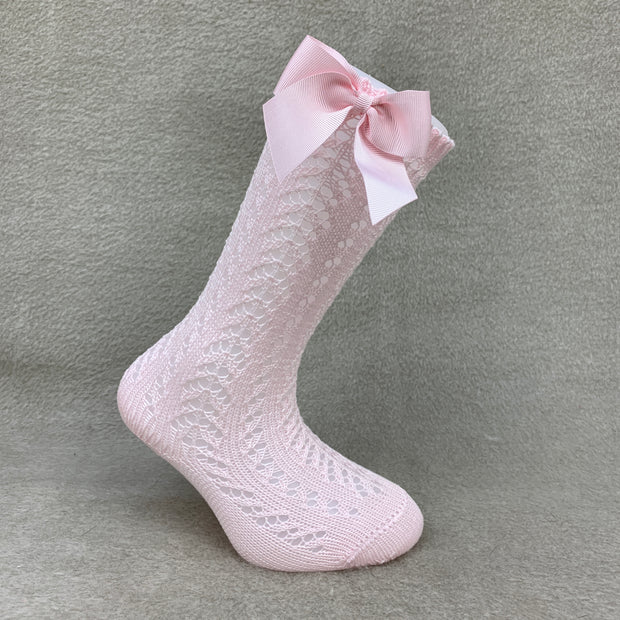 Baby Pink Knee High Open Weave Spanish Bow Socks
