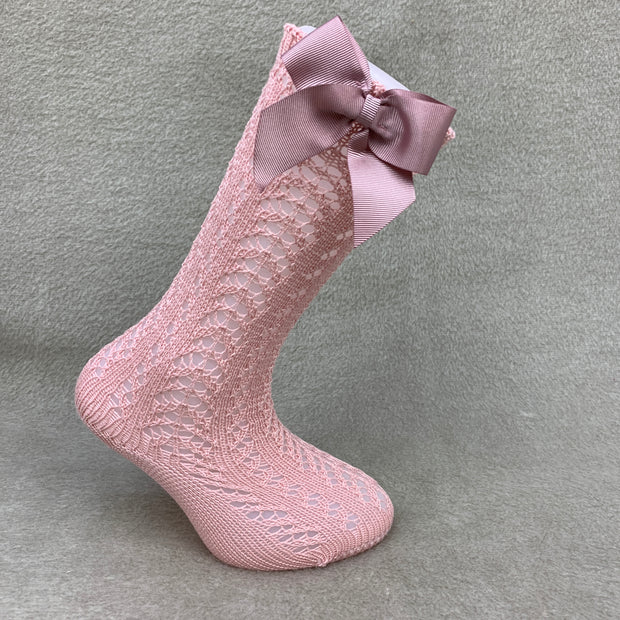 Dusky Pink Knee High Open Weave Spanish Bow Socks