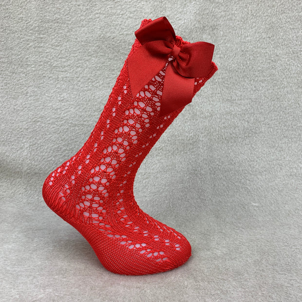 Red Knee High Open Weave Spanish Bow Socks