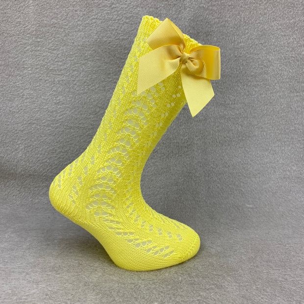 Yellow Knee High Open Weave Spanish Bow Socks