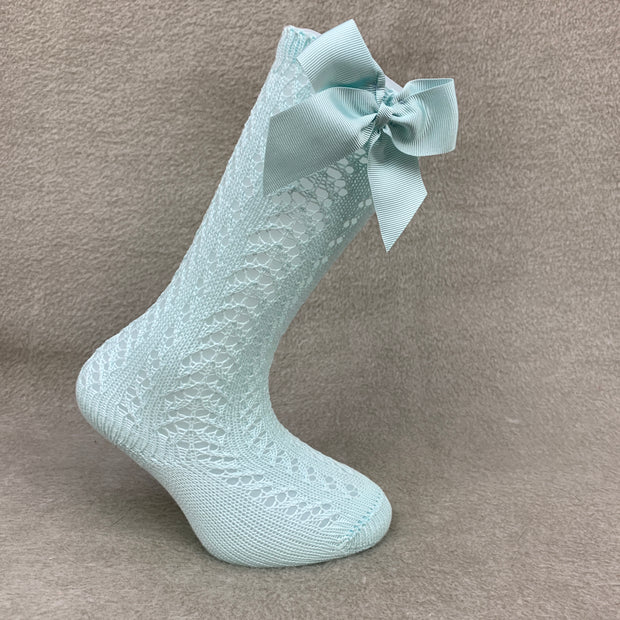 Aquamarine Knee High Open Weave Spanish Bow Socks