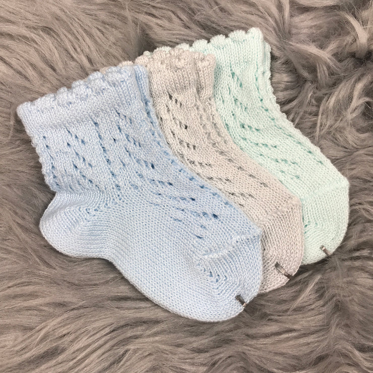 Ankle High Baby Blue, Pearl Grey And Aquamarine Open Weave Spanish Socks