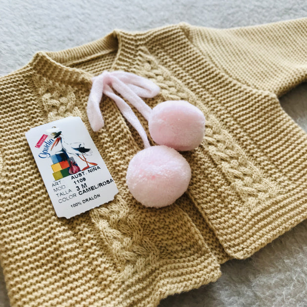 Girls Camel & Pink Knitted H-Bar Pom Pom Set