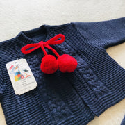 Girls Navy Blue & Red Knitted H-Bar Pom Pom Set