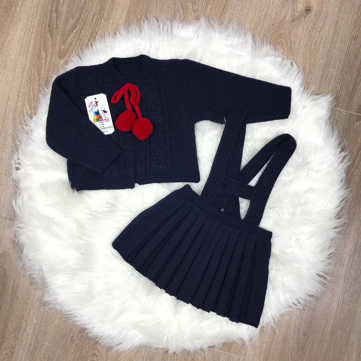 Girls Navy Blue & Red Knitted H-Bar Pom Pom Set