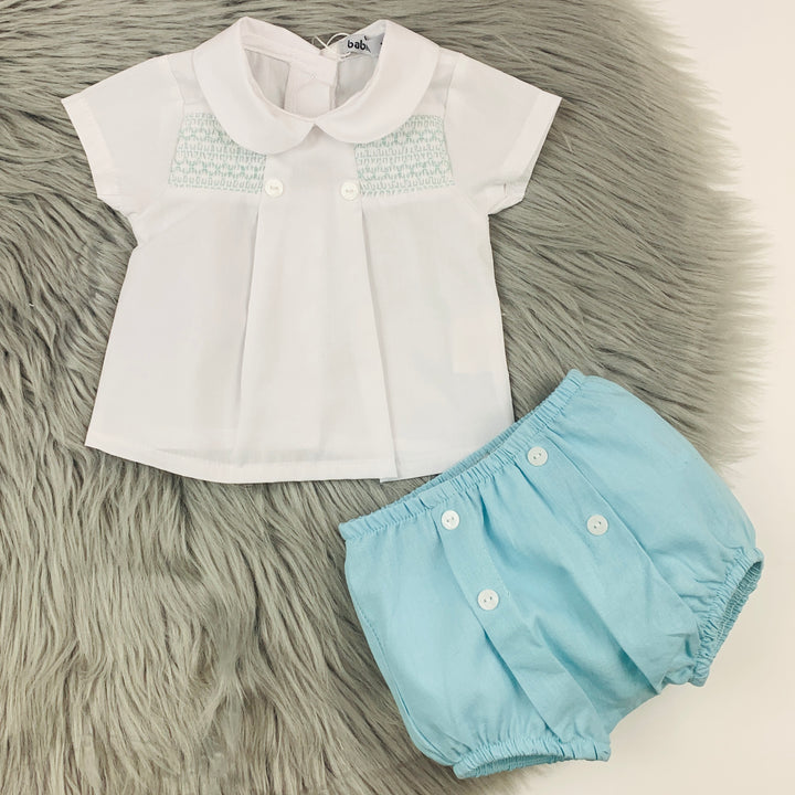 White Smocked Shirt & Duck Egg Jam Pants