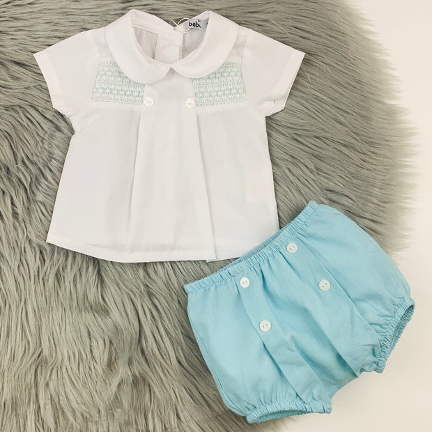 White Smocked Shirt & Duck Egg Jam Pants