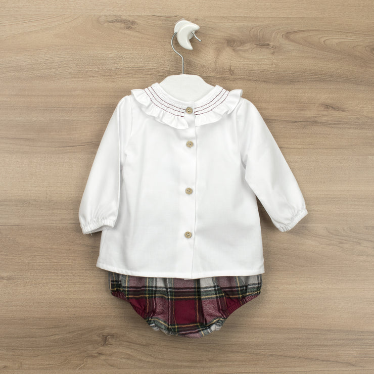 Ruffle Collar Blouse & Burgundy Tartan Bloomers Set Back