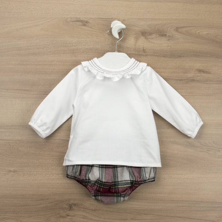 Ruffle Collar Blouse & Burgundy Tartan Bloomers Set