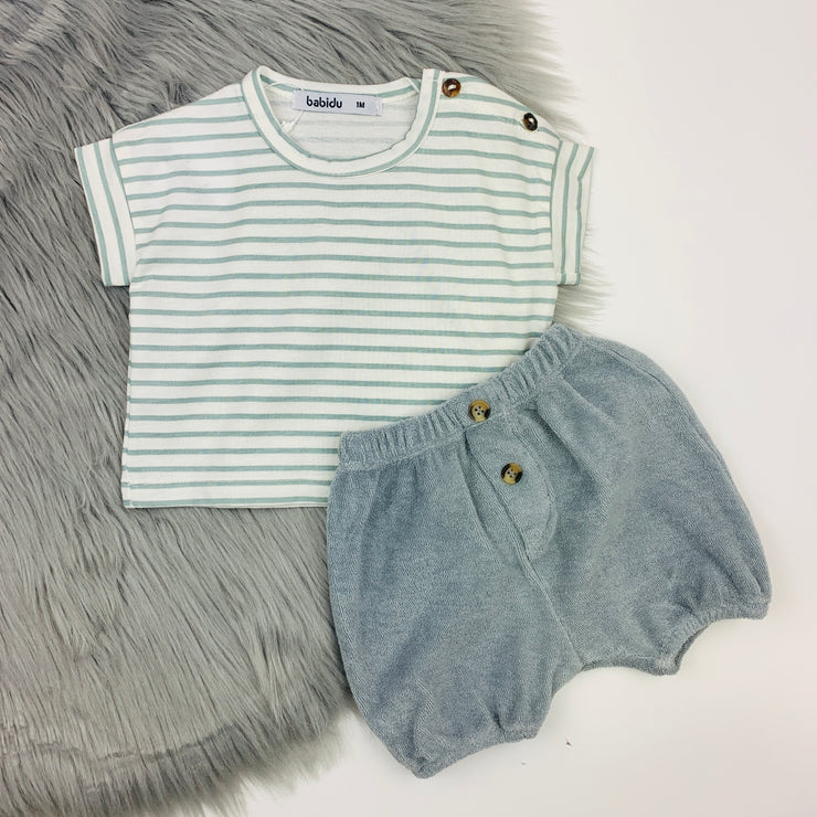 Sage & Grey Stripe Shorts & T-Shirt Set