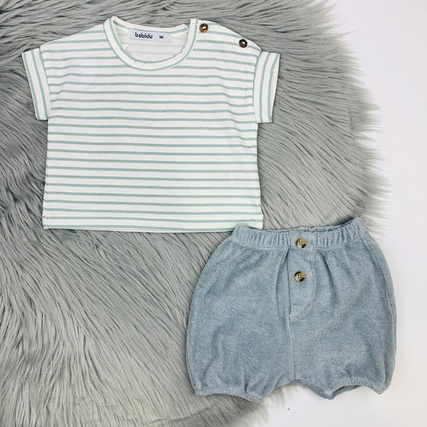 Sage & Grey Stripe Shorts & T-Shirt Set