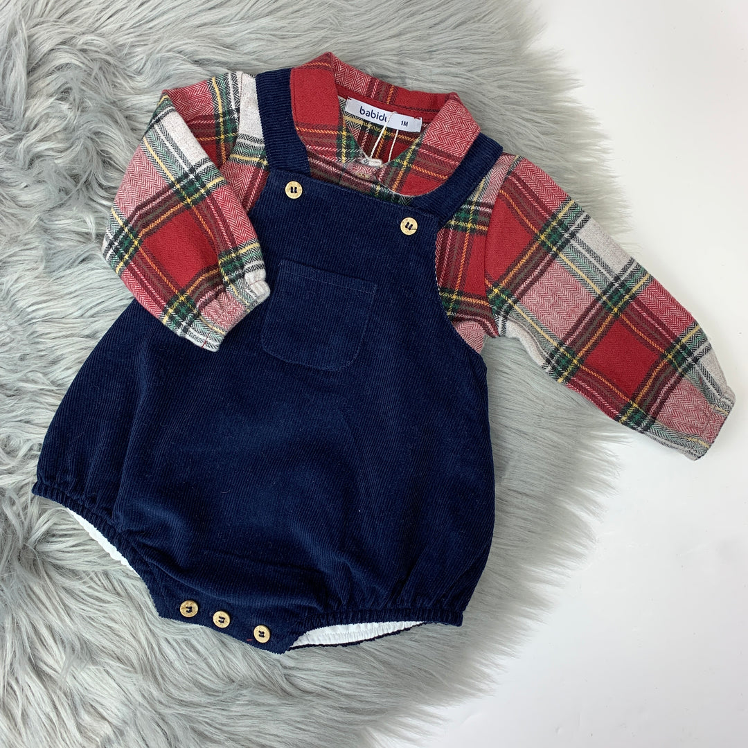 Red Tartan Shirt and Navy Romper Set