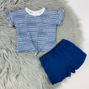 Navy Blue & White Stripe Shorts & Ruffle T-Shirt Set