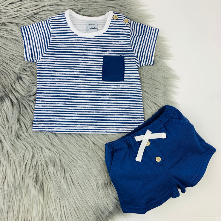 Navy Blue & White Stripe Shorts & T-Shirt Set