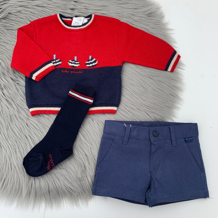 Red & Blue Spin Top Jumper & shorts Set