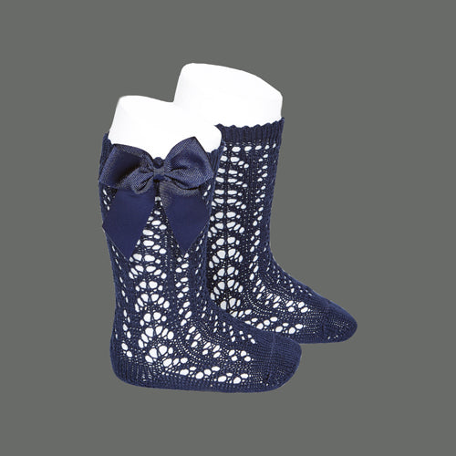 Navy Blue Knee High Open Weave Spanish Bow Socks