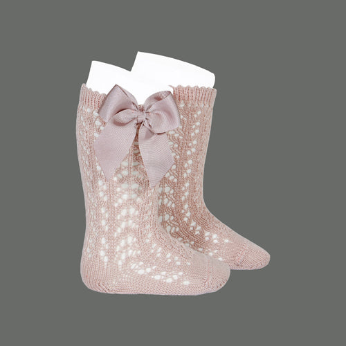 Powder Pink Knee High Open Weave Spanish Bow Socks