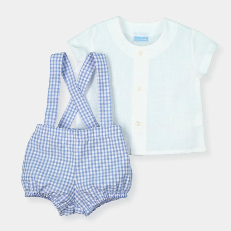 White Top & Blue Gingham Dungaree Romper