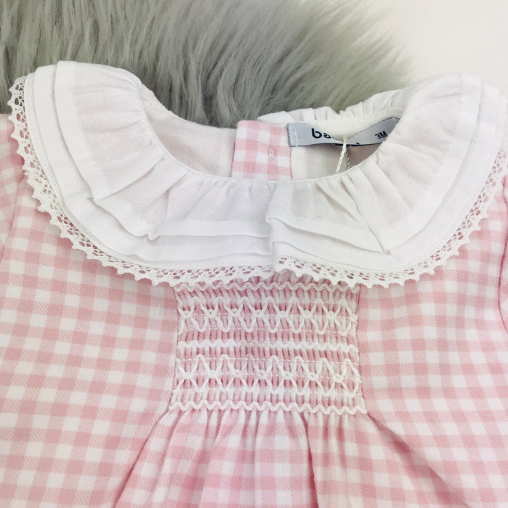 Pink Checked Frilly Collar Smocked Dress Close