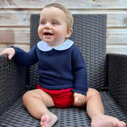 Navy Blue & Red Knitted Jam Pant Set